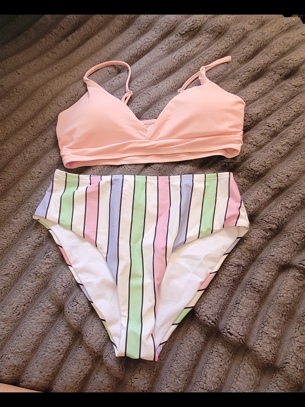 Pastel Pink Bralette Bikini Top with Striped High-Waist Bottom